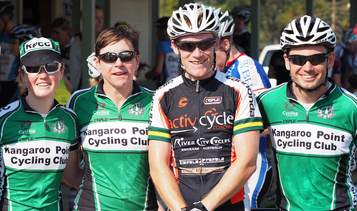 Matthew Payne (Team ActivCycle Coaching for KPCC) with club mates showing off National Champion Bands for his win in the 2012 National Championships Road Race (Masters 1-3).