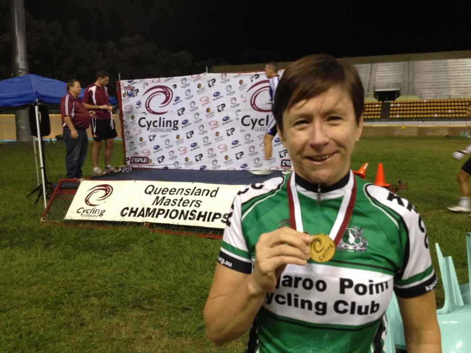 TeamKP's newest State Champion Club Captain Jacinta with her gold medal from the @QLDcycling masters track champs!