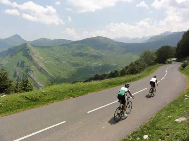 Claire and Aaron descending the Abisque. Note the depth of the valley to the left of the image. Much of the riding is done on the edge of a cliff between Abisque and Solour!