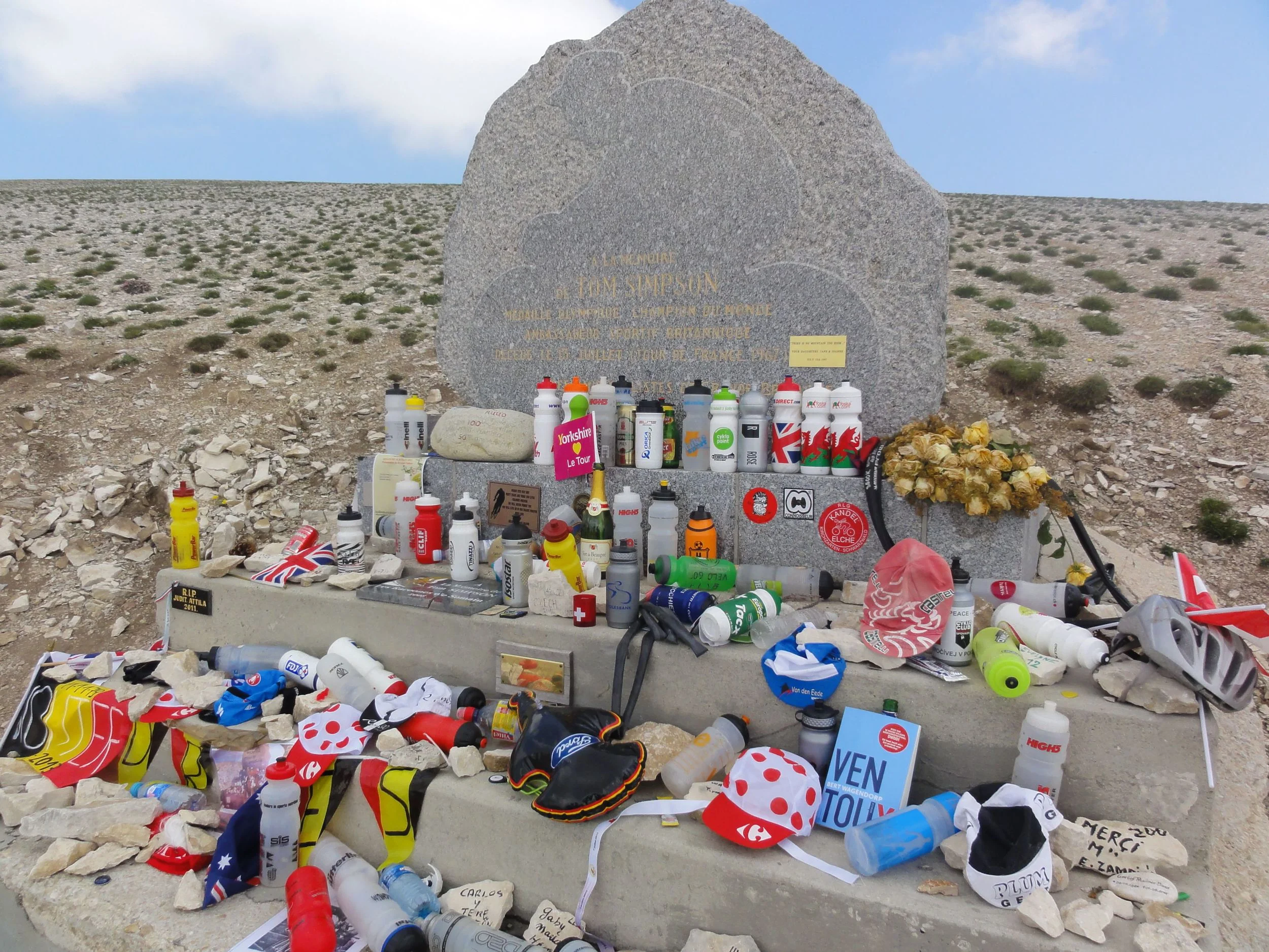 Tom Simpson's memorial is not far from the top. People come by all year and leave little bits and pieces in hommage to the sport.