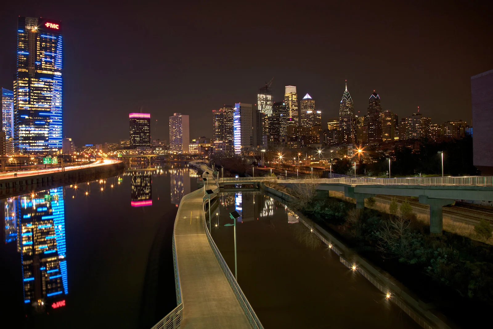 Photo of Philadelphia at night from the Spring Garden St. Bridge.