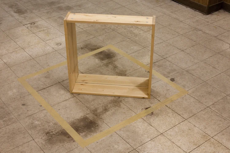 Alex Perweiler Floor Swap 2011 Wood, bolts, packing tape, mirror 23.33 x 35.5 x 36.5 inches