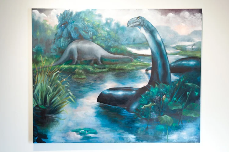 Louis Eisner Waterlillies (Charles Knight Brontosaurus) 2011 Oil on Linen 60 x 40 inches