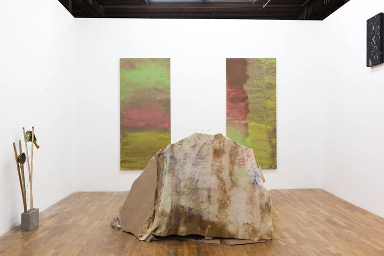 The Other Side of the Tracks from the Valley 2011 Masonite, wood, tape, cotton, bleach, pigment, broken cell phone 84 x 48 x 32 inches