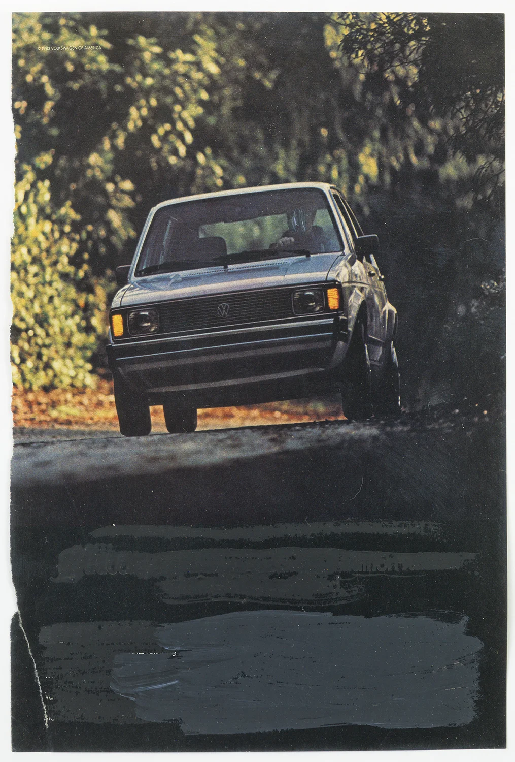 Mark Flood Muted Car Ad 1983 Acrylic on magazine page 10 1/2 x 8 inches