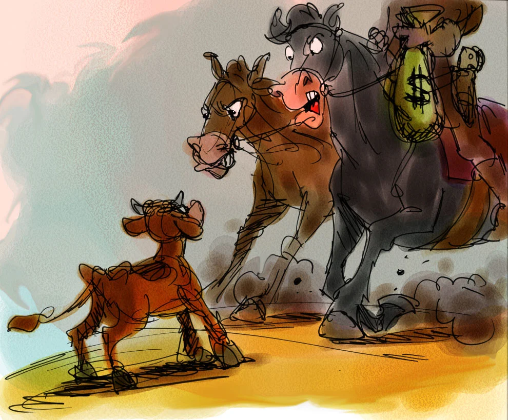 One of the many sketches produced during development of a Disney cartoon western. Unfortunately, the film was never produced.