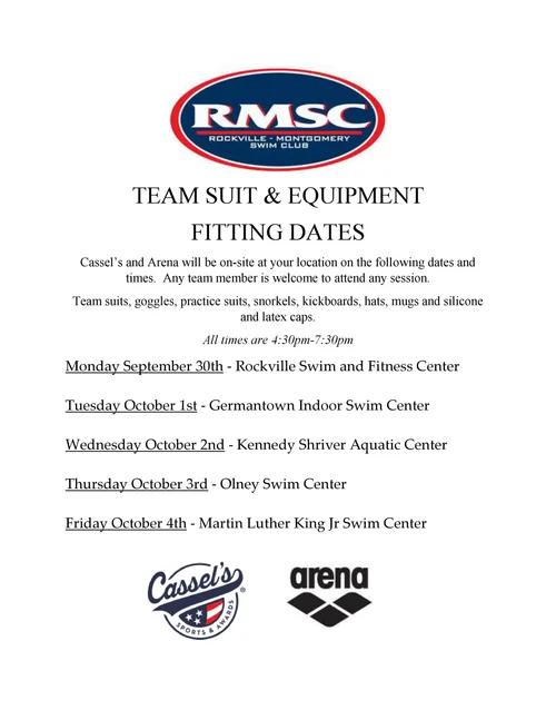 Team Suit and Equipment Fitting Dates — Rockville Montgomery Swim Club