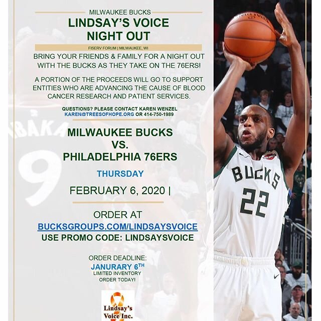 You still have time to get Bucks Tix for Feb. 6th game v. 76ers to help raise money to fight Blood Cancers and Patient Services here in Milwaukee! Lindsays Voice gives money to #Versiti #bethematch #childrensofwisconsin #kathyshouse #cibmtr  all loca