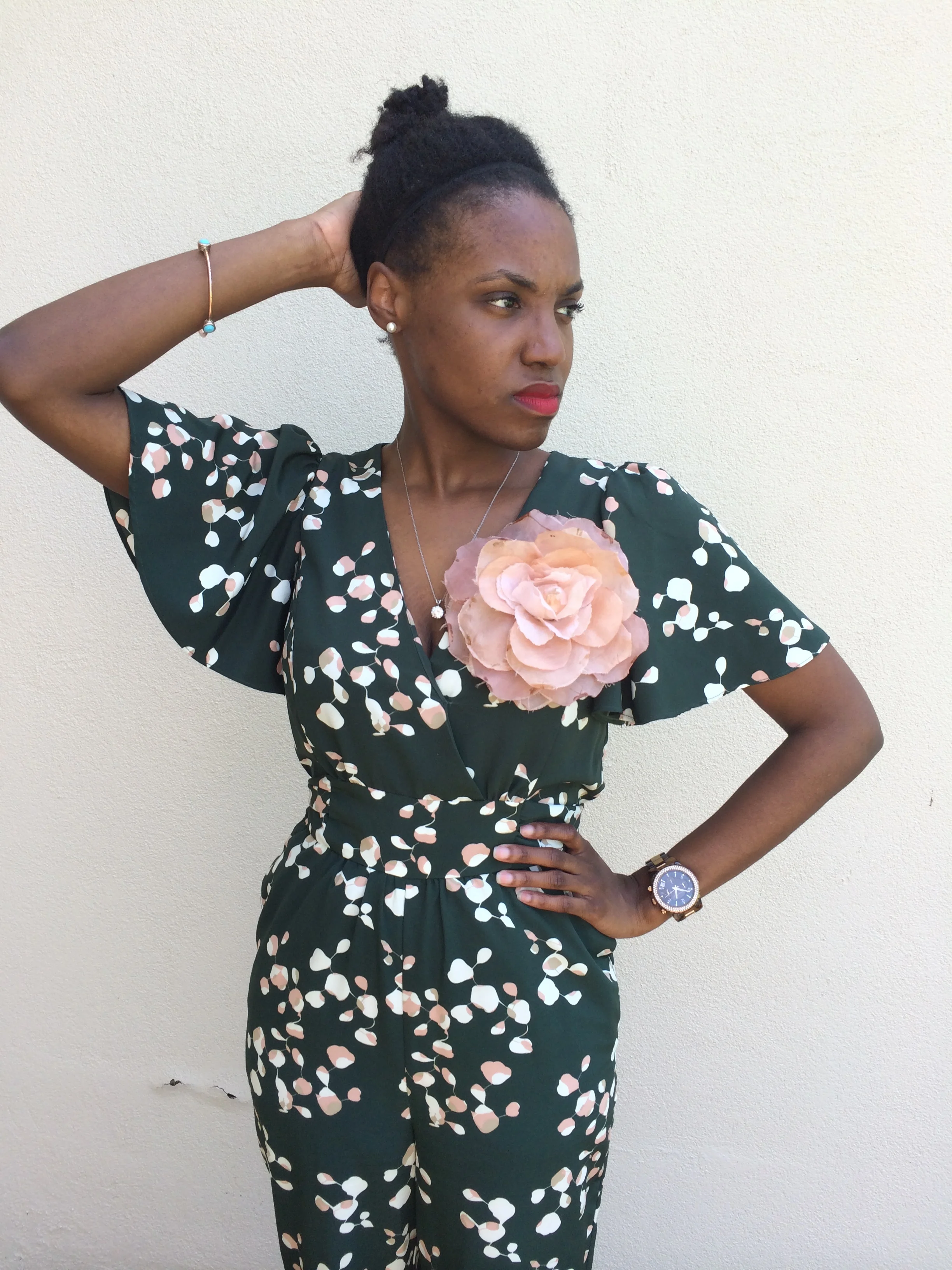  outfit details- jumpsuit and flower pin: H&M; shoes: Steve Madden; watch: Michael Kors