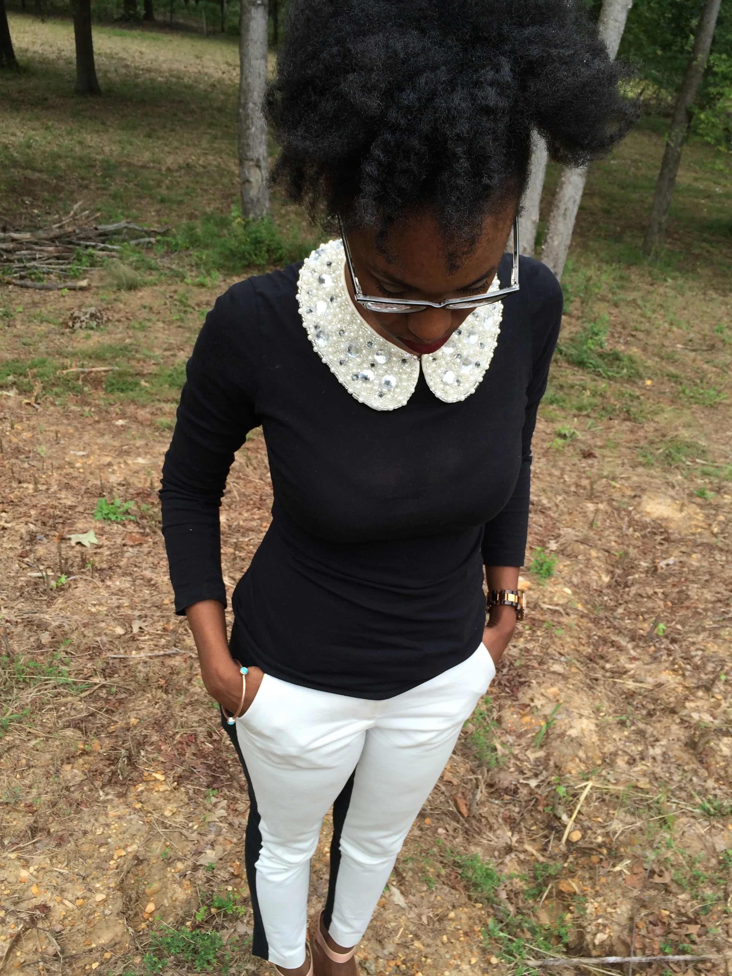 outfit details: shirt- F21; pants- Target; heels- Vince Camuto c/o Nordstrom's; sneakers- Nikes c/o Kohls; collar - H&M