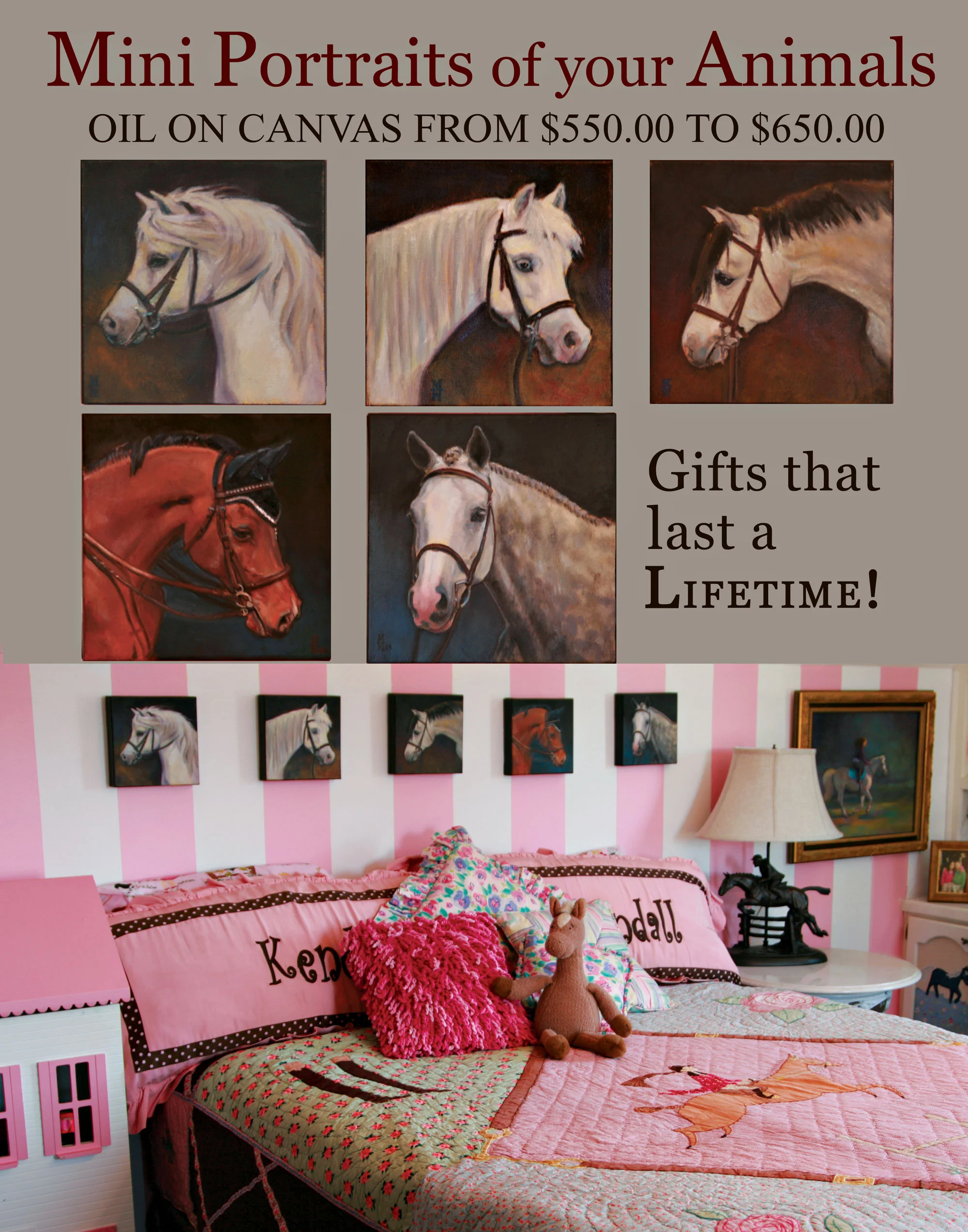 Sized 8 x 8. and 10 x 10 for $450.00 Sizes 12x 12,12 x 14, 14 x 18 and 16 x 20 $550.00 Chose between a standard canvas for traditional framing or a thicker gallery wrap where painting continues on the sides that doesn't have to be framed.