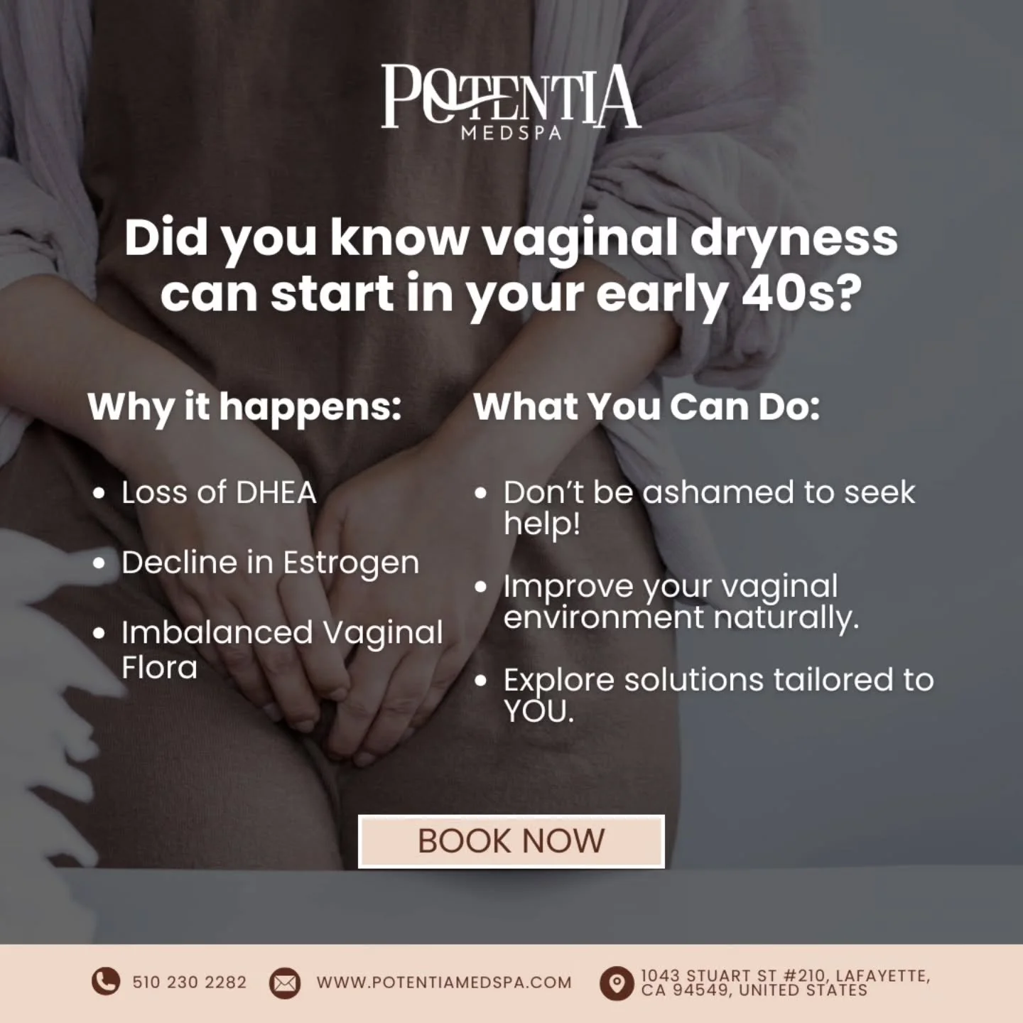 ✨ Did you know vaginal dryness can start in your early 40s? ✨

Why it happens:

🔸 Change in pH
🔸 Decline in Estrogen
🔸 Imbalanced Vaginal Flora

How we can help:

✅ Improve your Vaginal Flora
✅ Improve Elasticity
✅ Non toxic Natural Solutions 

🔗