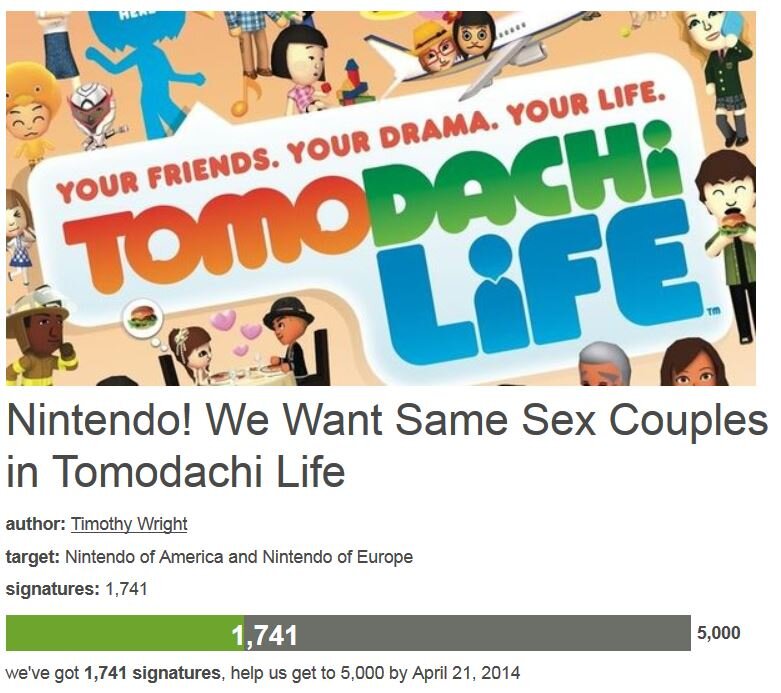 Petition #45: Nintendo! We Want Same Sex Couples In Tomodachi Life