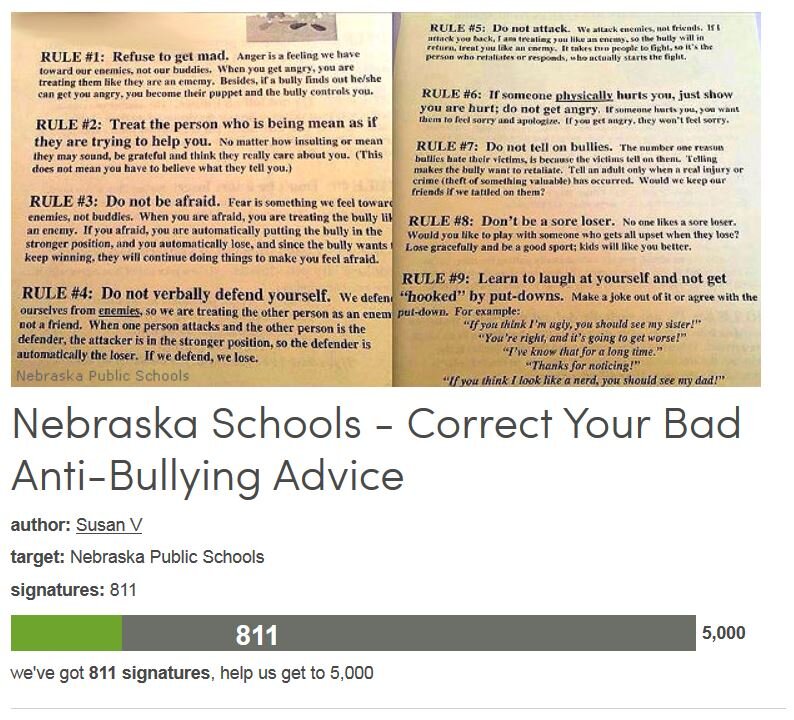Petition #103: Nebraska Schools - Correct Your Bad Anti-Bullying Advice