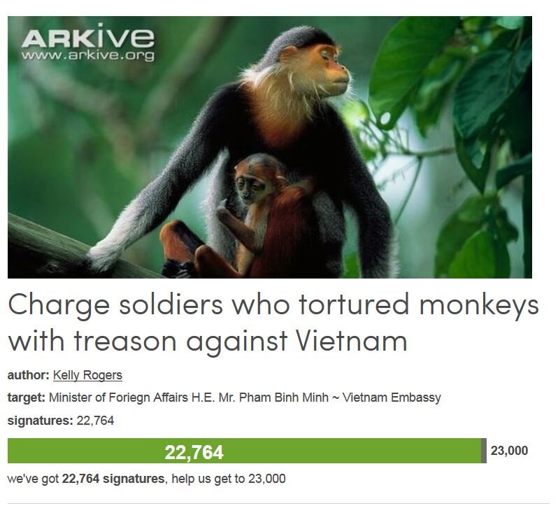 Petition #105: Charge Soldiers Who Tortured Monkeys With Treason Against Vietnam