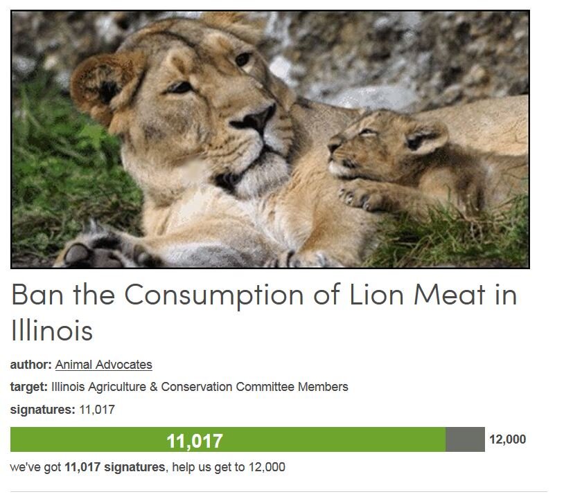 Petition #124: Ban The Consumption Of Lion Meat In Illinois.