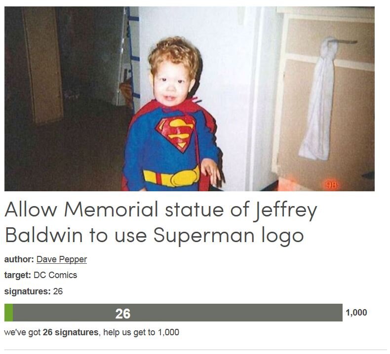 Petition #132: Allow Memorial Statue Of Jeffrey Baldwin To Use Superman Logo