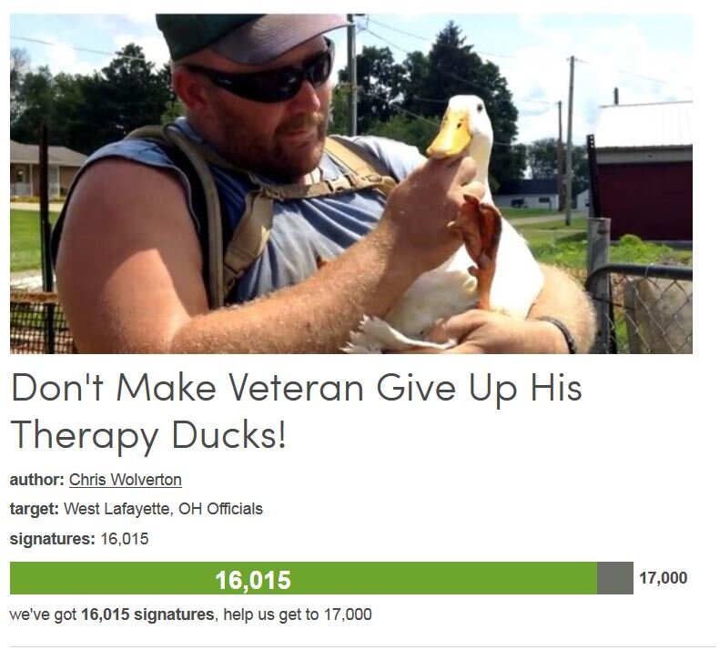 Petition #148: Don't Make Veteran Give Up His Therapy Ducks!