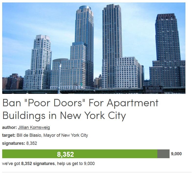 Petition #147: Ban "Poor Doors" For Apartment Buildings In New York City
