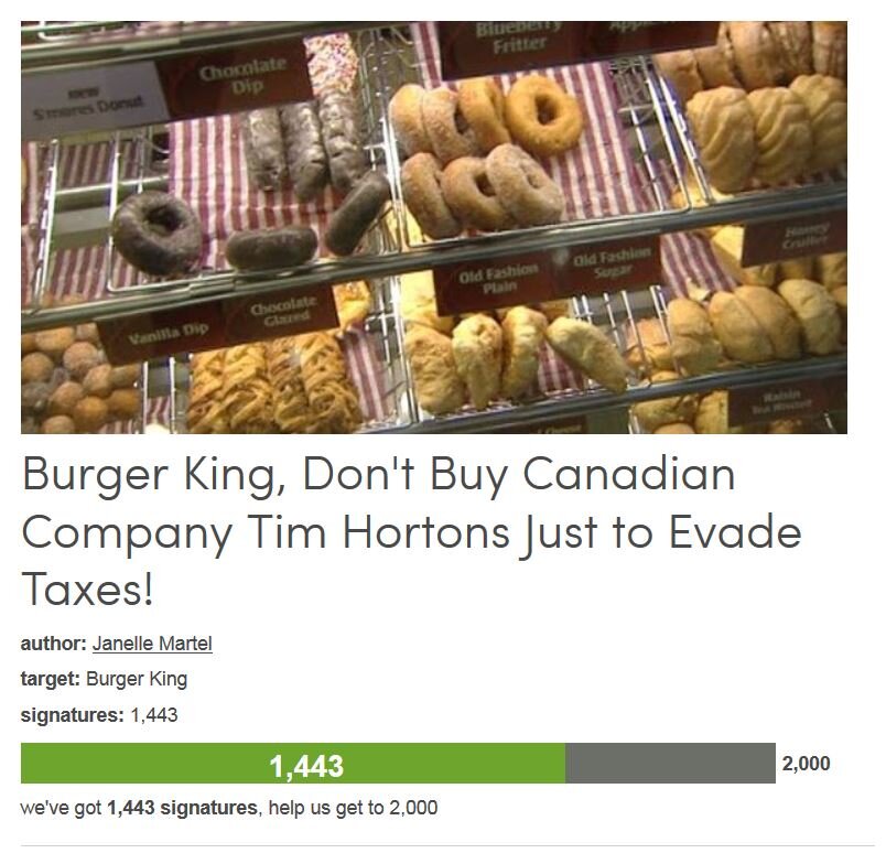 Petition #182: Burger King, Don't Buy Canadian Company Tim Hortons Just To Evade Taxes!