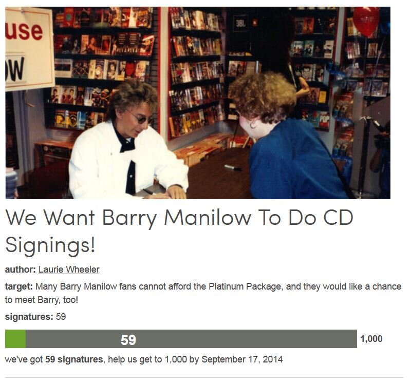 Petition #193: We Want Barry Manilow To Do CD Signings!