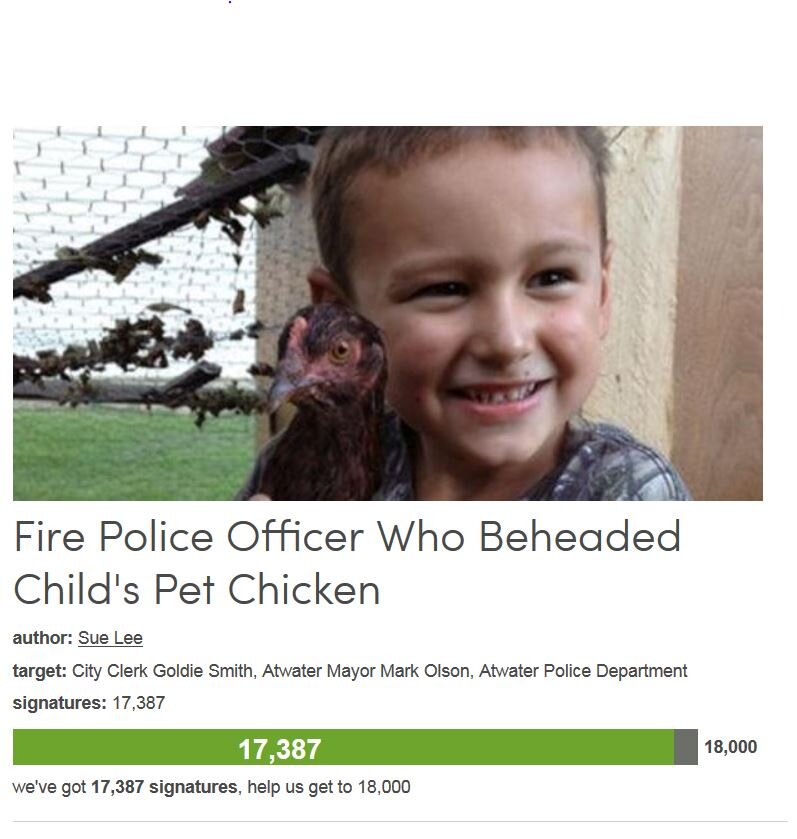 Petition #202: Fire Police Officer Who Beheaded Child's Pet Chicken