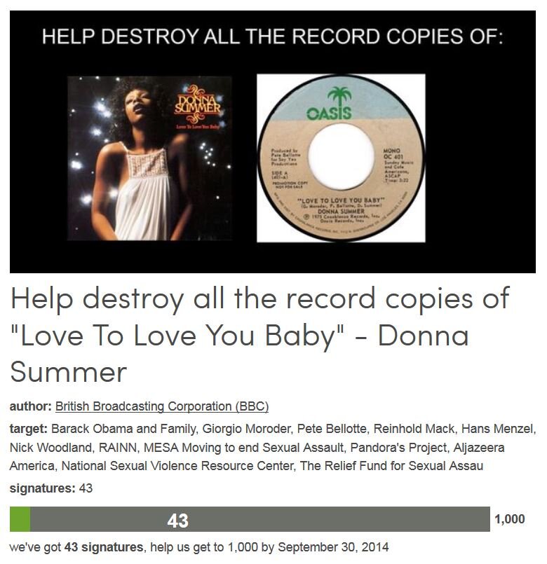 Petition #203: Help Destroy All The Record Copies Of "Love To Love You Baby" - Donna Summer