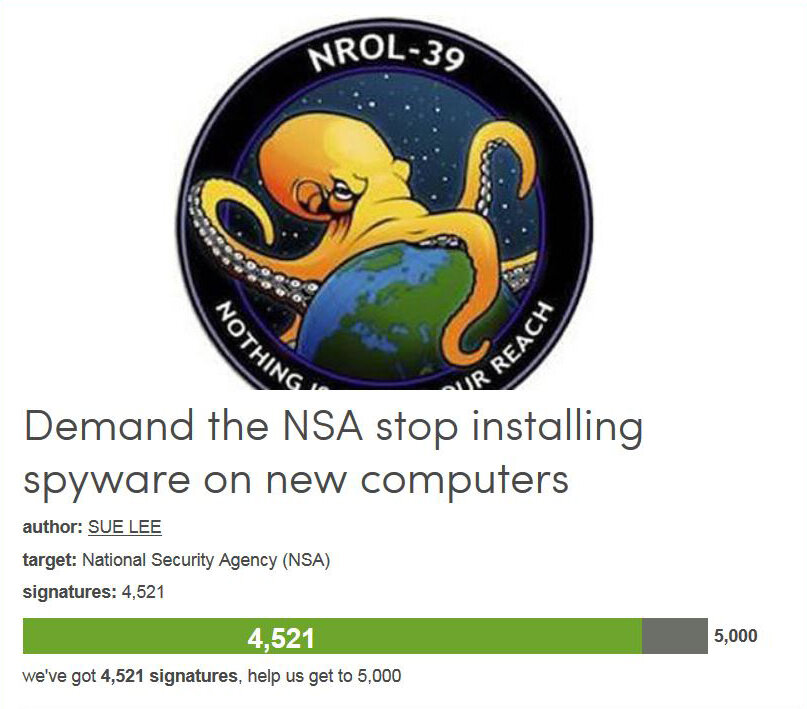 Petition #208: Demand The NSA Stop Installing Spyware On New Computers