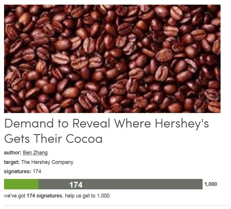 Petition #232: Demand To Reveal Where Hershey's Gets Their Cocoa