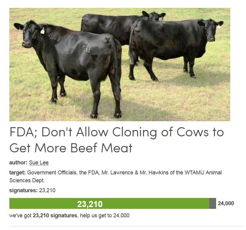 Petition #244: FDA; Don't Allow Cloning Of Cows To Get More Beef Meat