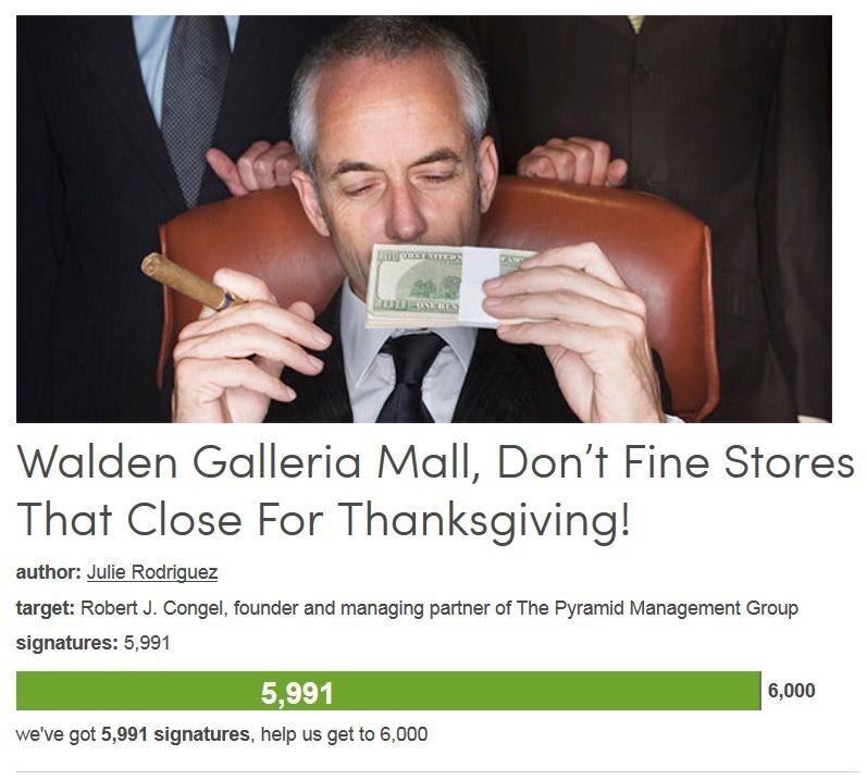 Petition #264: Walden Galleria Mall, Don’t Fine Stores That Close For Thanksgiving!