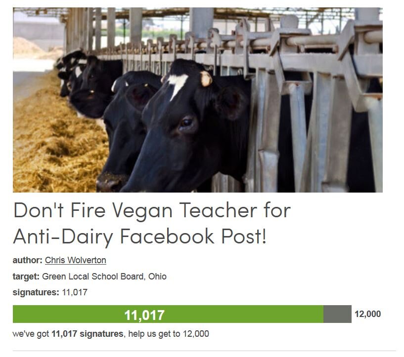 Petition #293: Don't Fire Vegan Teacher For Anti-Dairy Facebook Post!