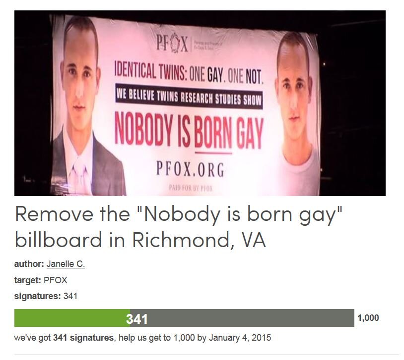 Petition #305: Remove The "Nobody Is Born Gay" Billboard In Richmond, VA