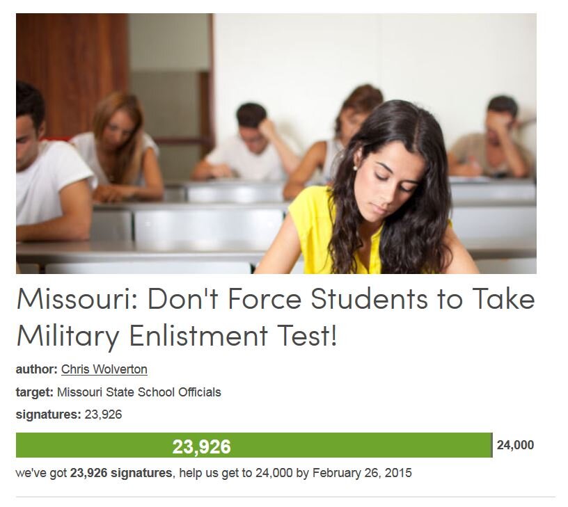Petition #308: Missouri: Don't Force Students To Take Military Enlistment Test!