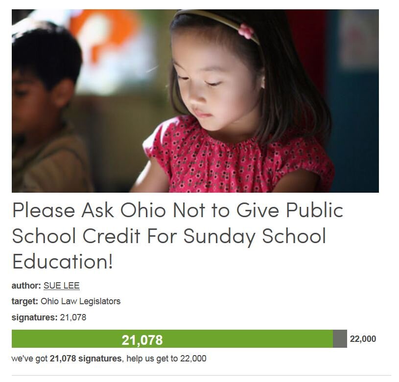 Petition #311: Please Ask Ohio Not To Give Public School Credit For Sunday School Education!