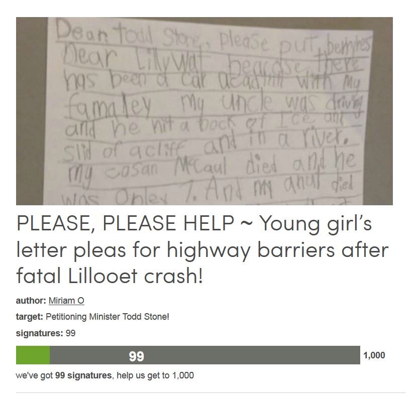 Petition #337: PLEASE, PLEASE HELP ~ Young Girl’s Letter Pleas For Highway Barriers After Fatal Lillooet Crash!