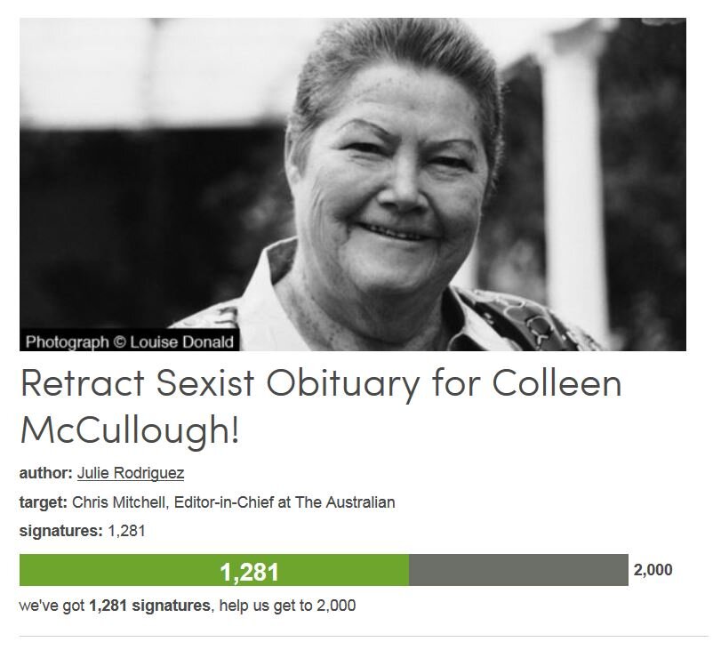 Petition #338: Retract Sexist Obituary For Colleen McCullough!