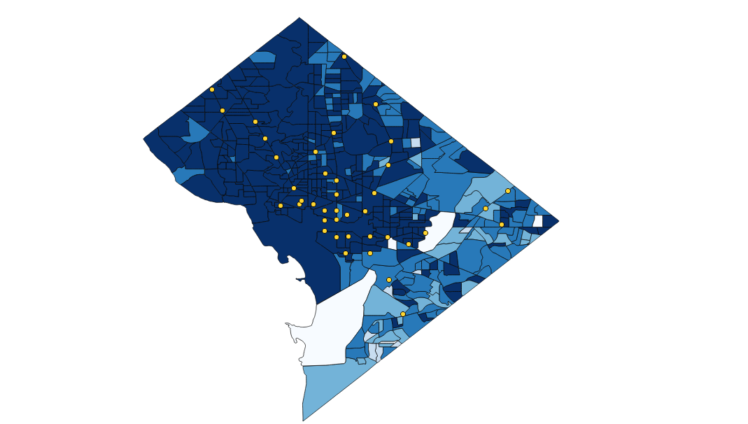 The lighter the blue, the higher the unemployment rate. Data from https://factfinder.census.gov/ . (Note that the bottom white space is a military base, which is classified as a separate type of employment.)