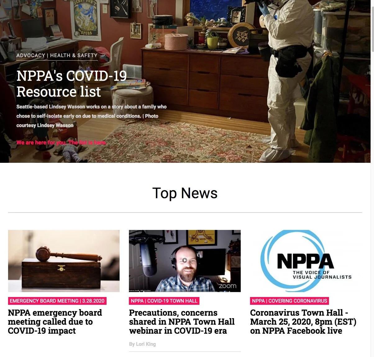Screen grab of the Town Hall article on the NPPA website cover page.