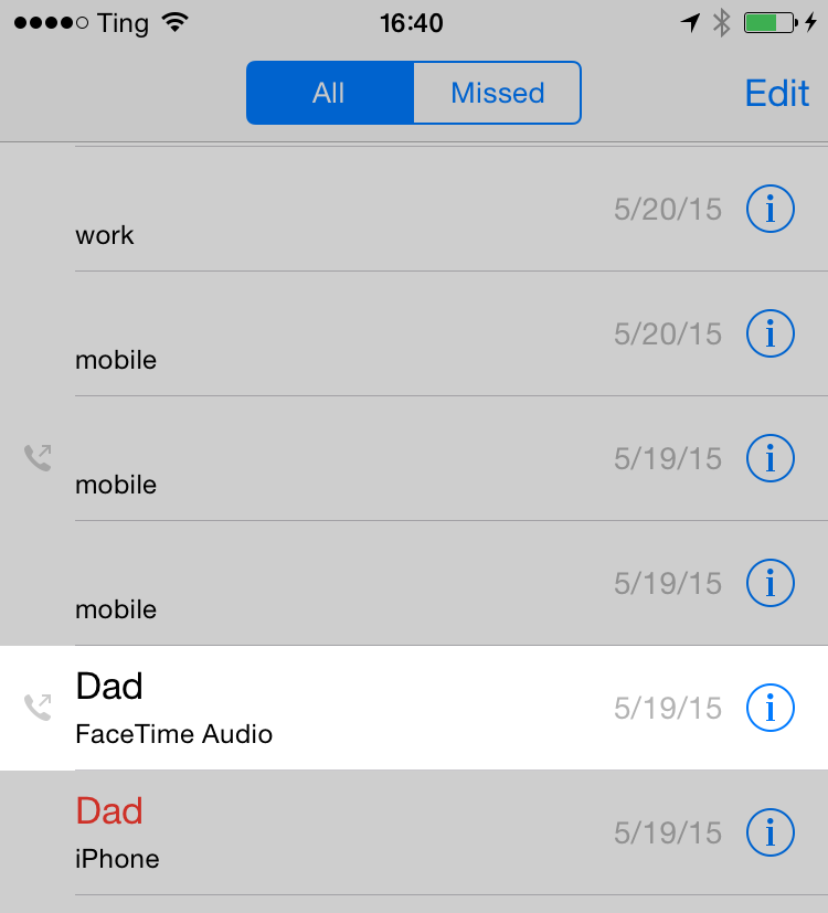 iOS Phone app showing FaceTime Audio calls.