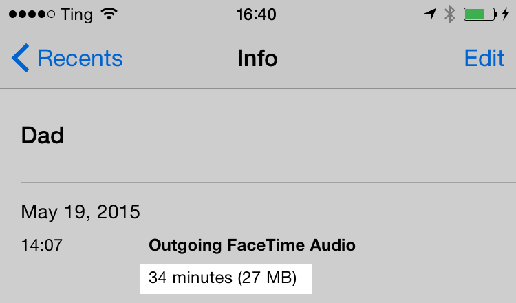 iOS Phone app showing FaceTime Audio data rate.