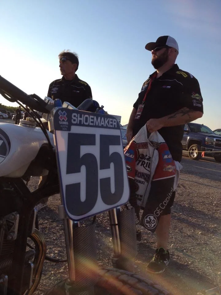 Injured warfighter and Army veteran Rob (right) with Bonneville Performance at the 2015 X-Games Austin. 