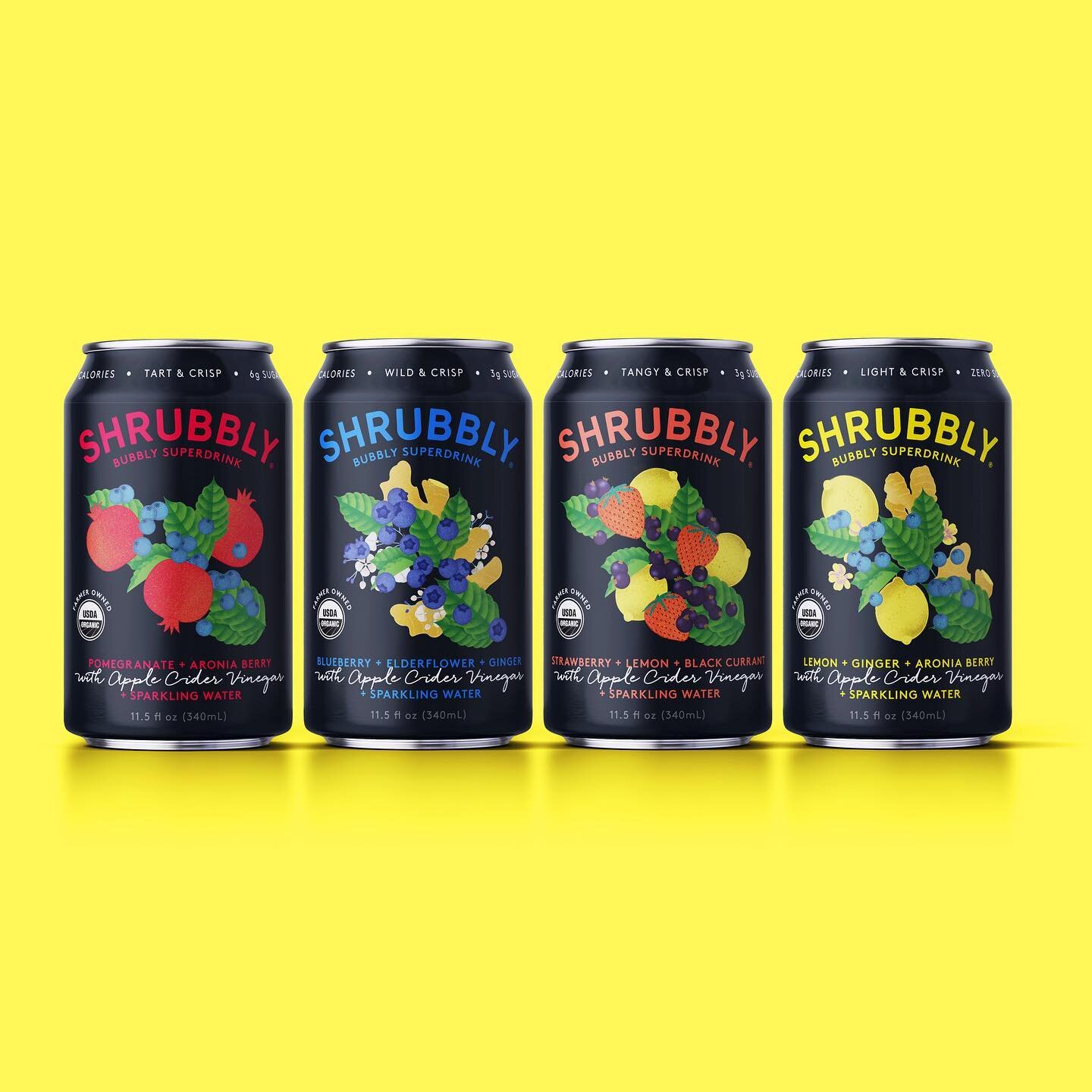 Our brand and packaging redesign for @shrubbly celebrates the wild shrubs, berries and citrus fruits that make this unique, bubbly superdrink so delicious with rich illustrations that pop on an intense black background. 

_
#shrubbly #shrubblyvermont
