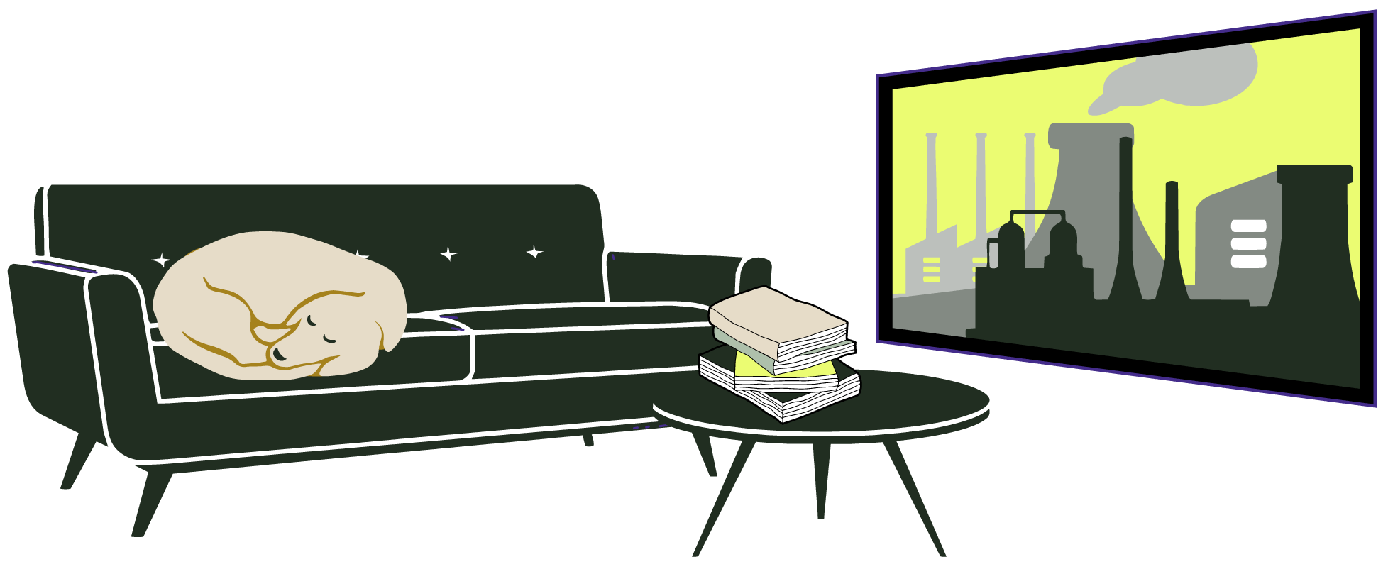 a living room with a dog asleep on the couch, a pile of books on the table and a video game on the tv