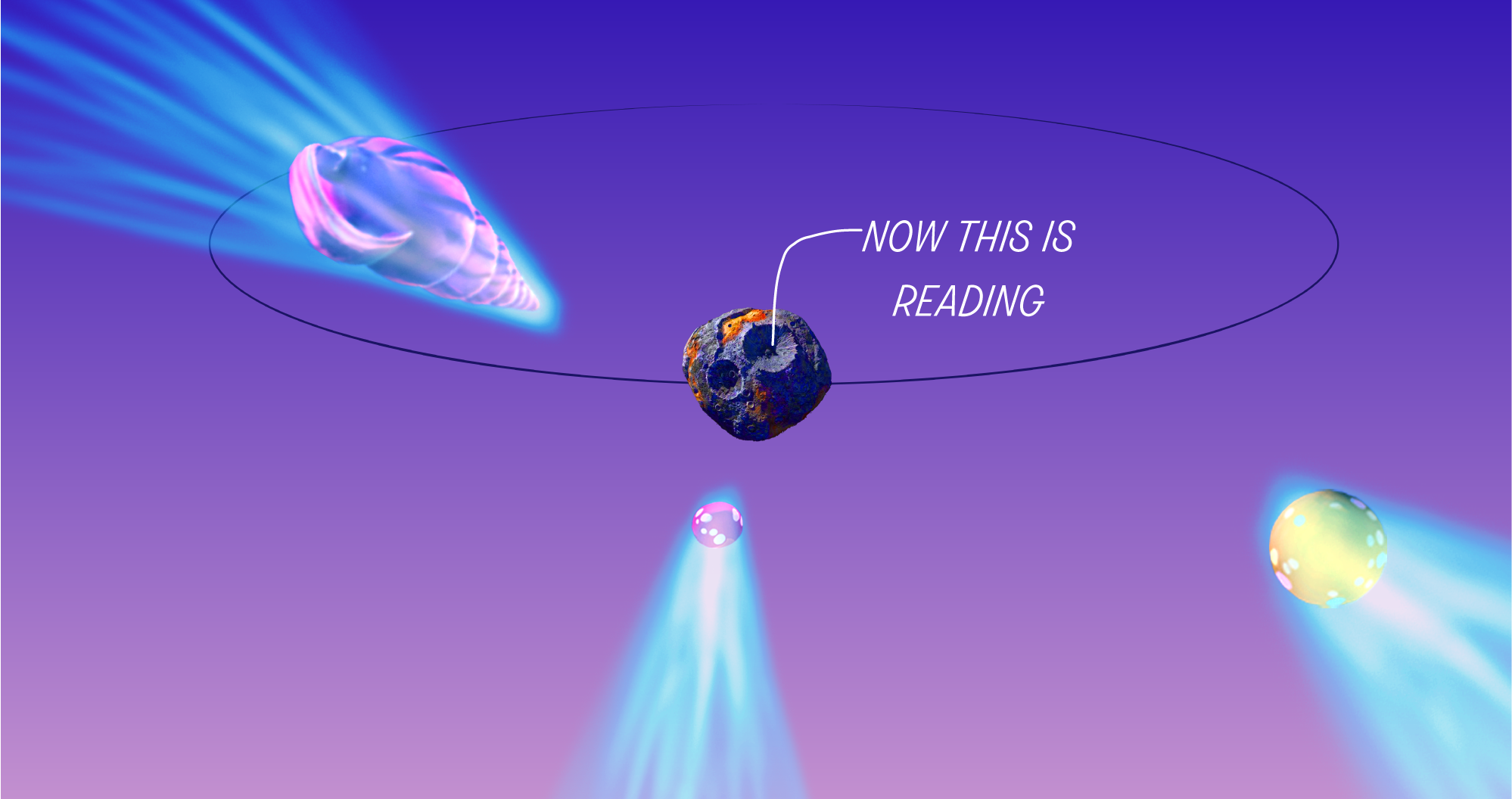 debris flys trus space headed for a barren asteroid with the label "now this is reading"