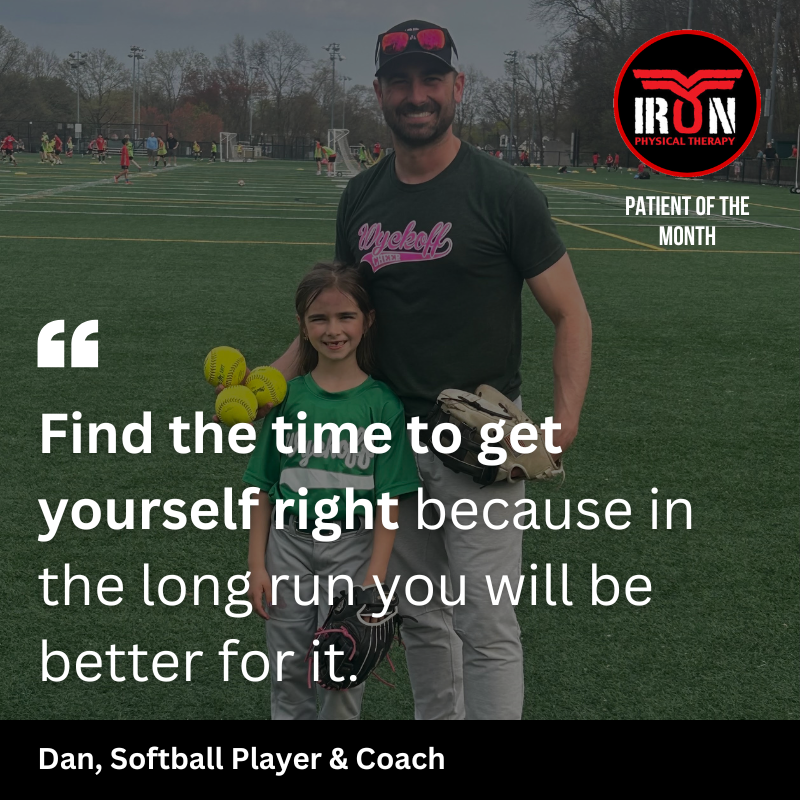 Baseball player and his daughter in a patient of the month picture after rotator cuff injury rehab at iron physical therapy