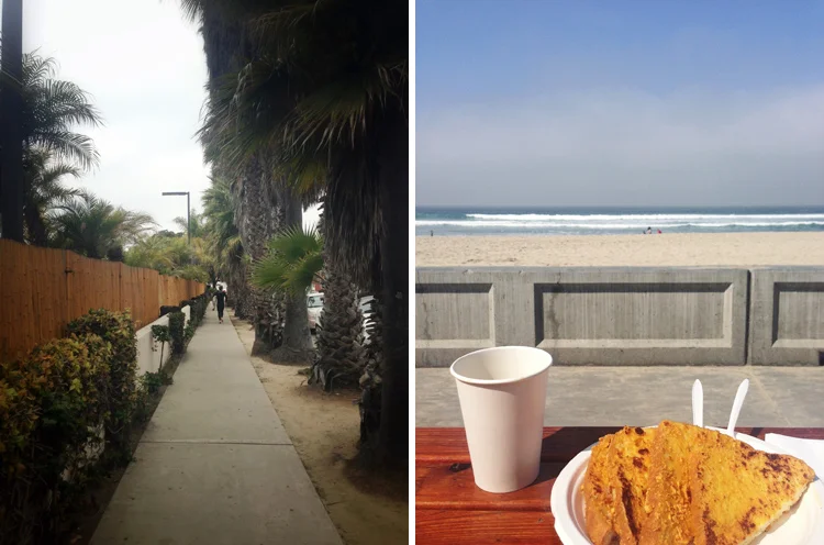 Barefoot surfer running down Pacific Beach Dr // Black coffee & Capt. Crunch French Toast at Woody's on PB Boardwalk