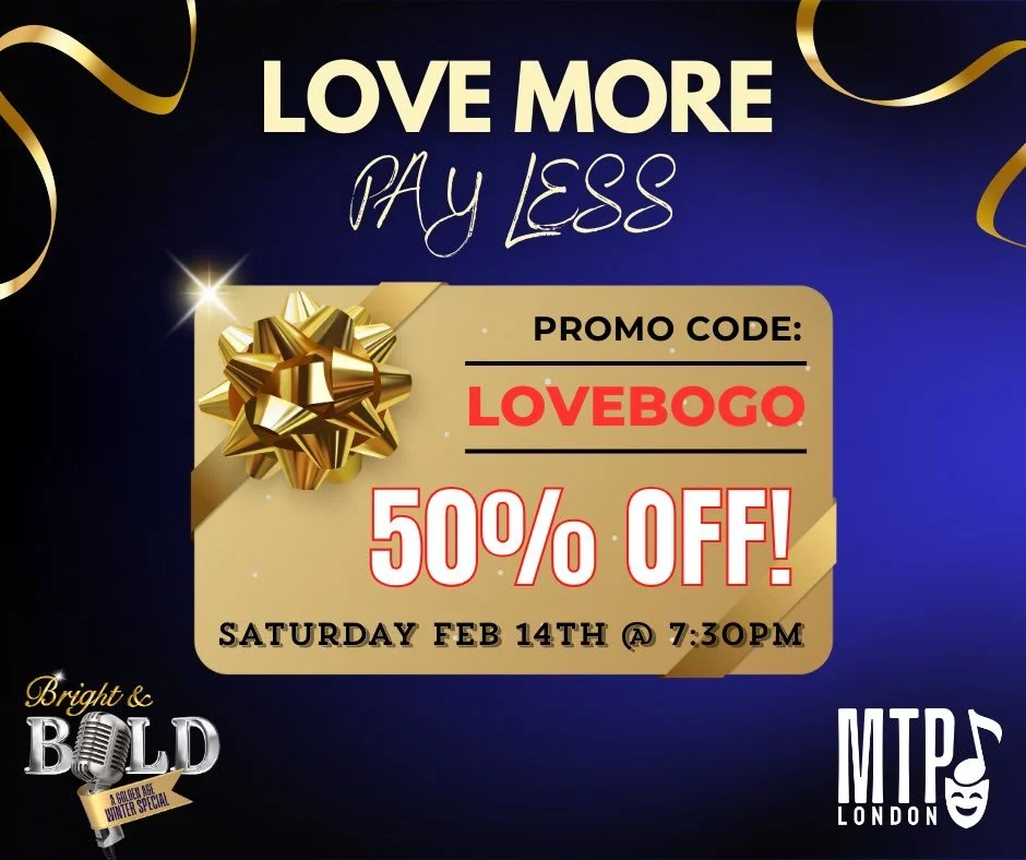 ❤️ LOVE MORE ❤️ PAY LESS 💸 

50% off the regular price for tickets to Bright &amp; Bold on Friday February 14th at 7:30pm!
Just navigate to the date and time above and enter the promo code in uppercase letters: LOVEBOGO

Then book the desired number