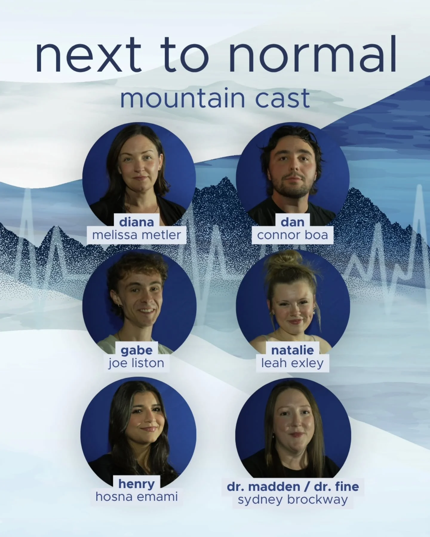 Meet the Mountain Cast of MTP's Next to Normal. ⚡️
This heartwrenching musical can be experienced with two incredible casts offering their own interpretation of a family struggling with mental illness. 

MOUNTAIN CAST
🏔 Diana &ndash; Melissa Metler
