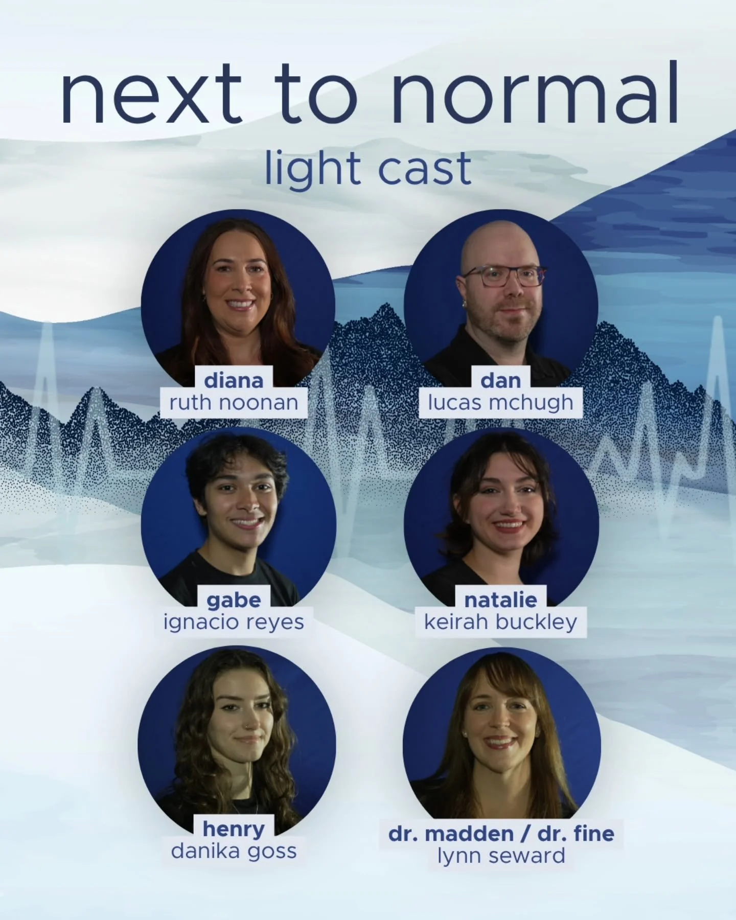 Meet the Light Cast of MTP's Next to Normal. ⚡️
Two small but mighty casts will bring their own unique experiences to this soaring rock musical, exploring the impact of severe mental illness and unresolved grief on a suburban family. 

LIGHT CAST
✨ D